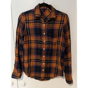 Aeropostale Women's Juniors Button Down‎ Flannel Shirt Size Small Plaid Orange
